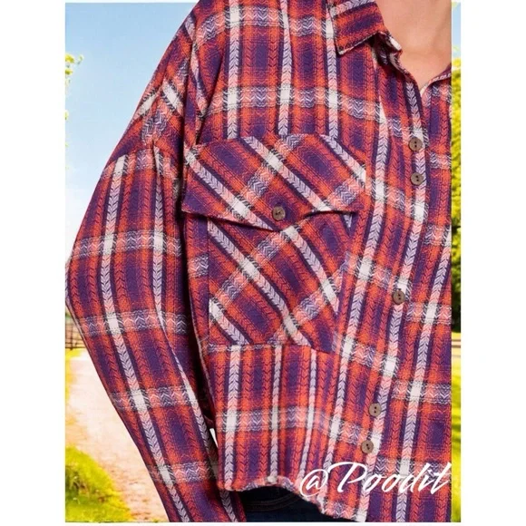 BUCKET LIST Purple and orange button up top S M L - Picture 3 of 6